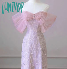 Lunivop Elegant Boat Neck Pink Formal Pearl Evening Dress 2024 Sweet Bow Quinceanera Beading