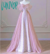 Lunivop Elegant Boat Neck Pink Formal Pearl Evening Dress 2024 Sweet Bow Quinceanera Beading
