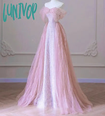 Lunivop Elegant Boat Neck Pink Formal Pearl Evening Dress 2024 Sweet Bow Quinceanera Beading