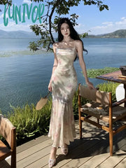 Lunivop Elegant Bodycon Evening Party Lace Dress Summer Sexy Hollow Out Spaghetti Strap Runway Robe