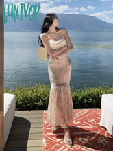 Lunivop Elegant Bodycon Evening Party Lace Dress Summer Sexy Hollow Out Spaghetti Strap Runway Robe