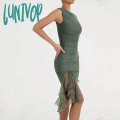Lunivop Elegant Bodycon Hem Mesh Dress Sexy Green Mini Mermaid Birthday Party Dresses Lined Women