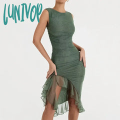 Lunivop Elegant Bodycon Hem Mesh Dress Sexy Green Mini Mermaid Birthday Party Dresses Lined Women