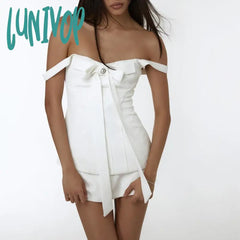 Lunivop Elegant Bow Patchwork White Dress French Gentle Low-Cut Sleeveless Mini Dresses With