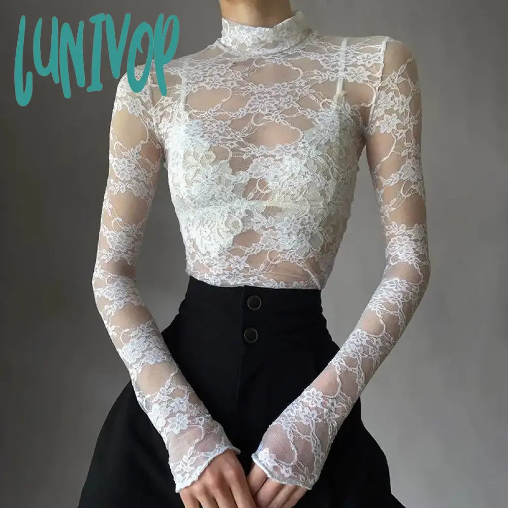 Lunivop Elegant Chic White Lace T-Shirt Woman Vintage Y2K Turtleneck Full Sleeve Transparent Crop