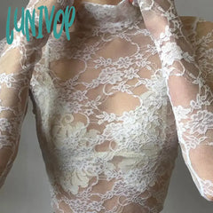 Lunivop Elegant Chic White Lace T-Shirt Woman Vintage Y2K Turtleneck Full Sleeve Transparent Crop