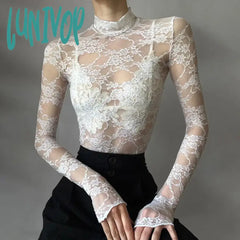 Lunivop Elegant Chic White Lace T-Shirt Woman Vintage Y2K Turtleneck Full Sleeve Transparent Crop