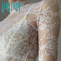 Lunivop Elegant Chic White Lace T-Shirt Woman Vintage Y2K Turtleneck Full Sleeve Transparent Crop