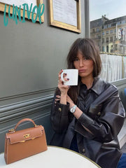 Lunivop Elegant Deep Brown Short Leather Jacket For Women Fashion Lapel Single Breasted Pocket Coat