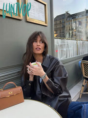 Lunivop Elegant Deep Brown Short Leather Jacket For Women Fashion Lapel Single Breasted Pocket Coat