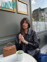 Lunivop Elegant Deep Brown Short Leather Jacket For Women Fashion Lapel Single Breasted Pocket Coat