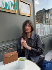 Lunivop Elegant Deep Brown Short Leather Jacket For Women Fashion Lapel Single Breasted Pocket Coat