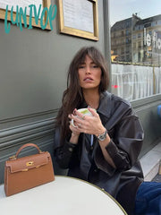 Lunivop Elegant Deep Brown Short Leather Jacket For Women Fashion Lapel Single Breasted Pocket Coat