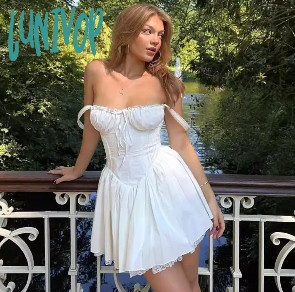 Lunivop Elegant Fairy Grunge Lace Up White Corset Frill Mini Club Dress Outfits Summer Birthday