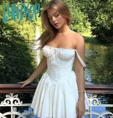 Lunivop Elegant Fairy Grunge Lace Up White Corset Frill Mini Club Dress Outfits Summer Birthday
