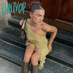Lunivop Elegant Fashion Glimmer Print Ruffle Midi Dress Outfits For Women Sexy Backless One