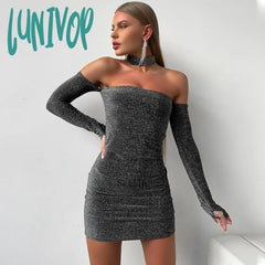Lunivop Elegant Fashion Glitter Off Shoulder Mini Dress Christmas Outfits For Women Long Sleeve
