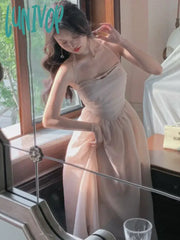 Lunivop Elegant Fashion Halter Fairy Midi Dresses Summer Woman Korean Solid A Line Birthday Evering