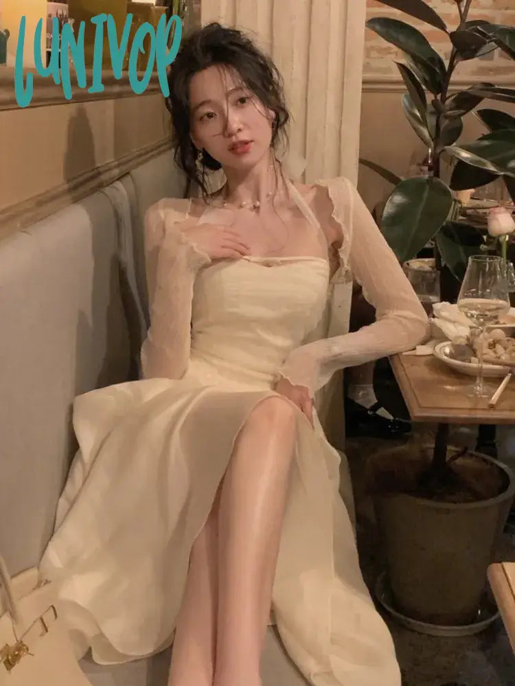 Lunivop Elegant Fashion Halter Fairy Midi Dresses Summer Woman Korean Solid A Line Birthday Evering