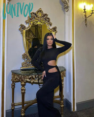 Lunivop Elegant Fashion Sexy Side Cut Out Long Sleeve Maxi Dress Bodycon Dresses Tie Detail Gown