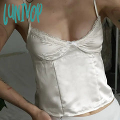 Lunivop Elegant Fashion Slim Lace Trim Satin Camis Top Sexy Deep V-Neck Sleeveless Tank Tops Women