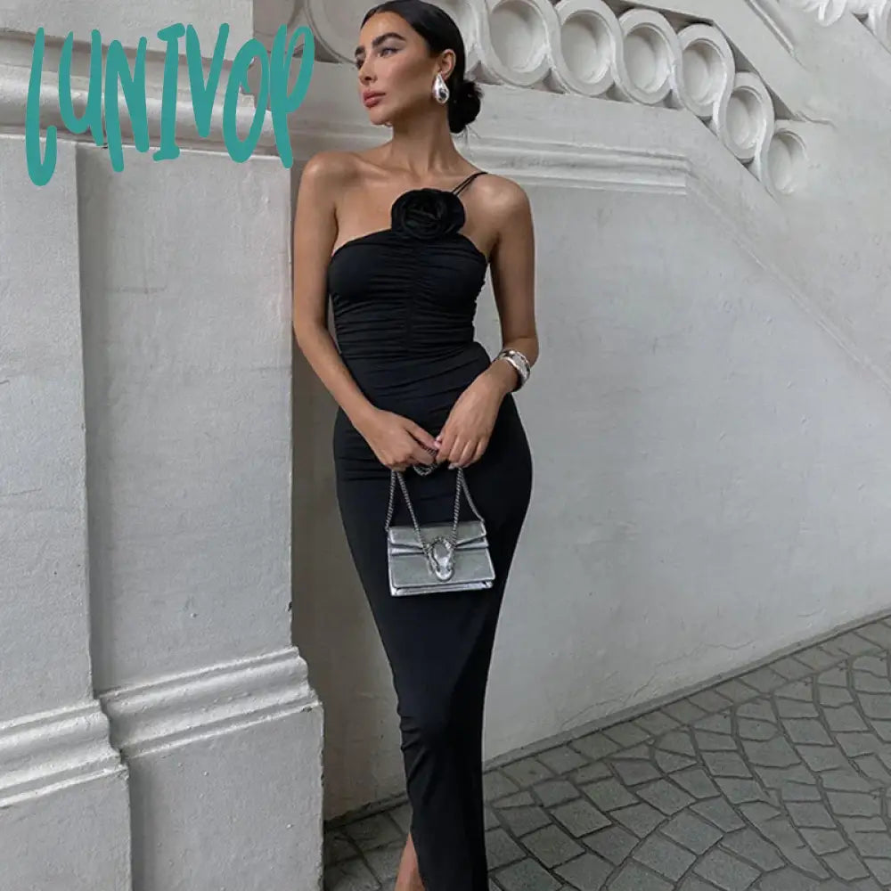 Lunivop Elegant Floral Applique Ruched Dress Summer Outfits For Women Irregular Sleeveless Party