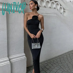 Lunivop Elegant Floral Applique Ruched Dress Summer Outfits For Women Irregular Sleeveless Party