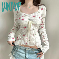 Lunivop Elegant Floral Printed Crop Top Square-Neck Lace-Trim Long Sleeve Ruffled Pleated Vintage