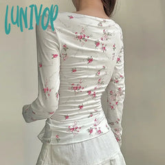 Lunivop Elegant Floral Printed Crop Top Square-Neck Lace-Trim Long Sleeve Ruffled Pleated Vintage