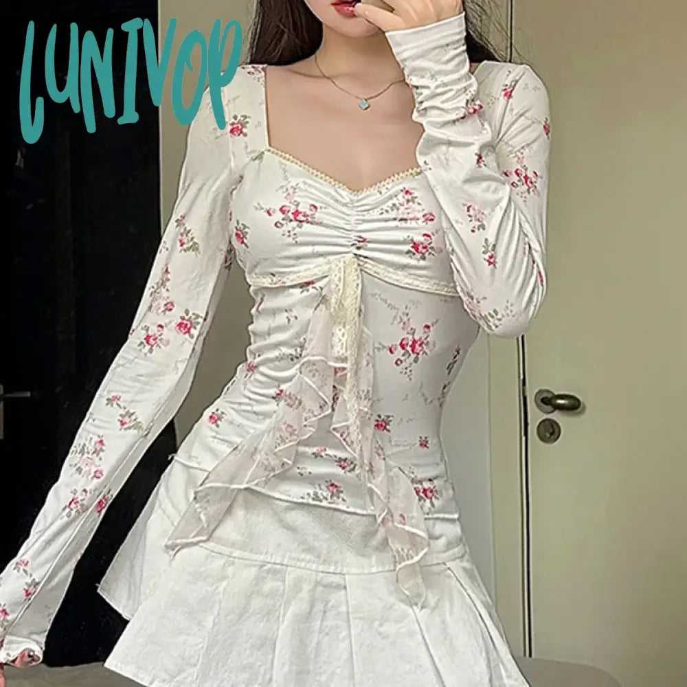 Lunivop Elegant Floral Printed Crop Top Square-Neck Lace-Trim Long Sleeve Ruffled Pleated Vintage