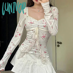Lunivop Elegant Floral Printed Crop Top Square-Neck Lace-Trim Long Sleeve Ruffled Pleated Vintage