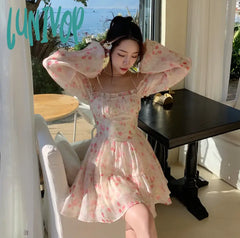 Lunivop Elegant Floral Sexy Dress Women Summer Print Party Mini Dresses Casual High Waist Holiday