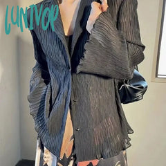 Lunivop Elegant Folds Shirts Women Vintage Flare Long Sleeve Pleated Blouses Office Ladies Korean