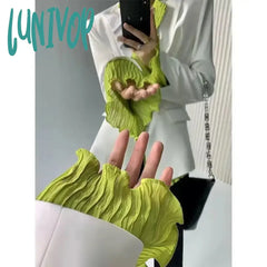 Lunivop Elegant Folds Shirts Women Vintage Flare Long Sleeve Pleated Blouses Office Ladies Korean