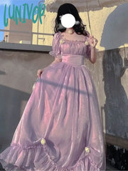 Lunivop Elegant France Vintage Mesh Dress Women Summer Purple Long Retro Evening Party Sweet Korean