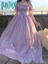 Lunivop Elegant France Vintage Mesh Dress Women Summer Purple Long Retro Evening Party Sweet Korean