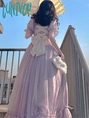 Lunivop Elegant France Vintage Mesh Dress Women Summer Purple Long Retro Evening Party Sweet Korean