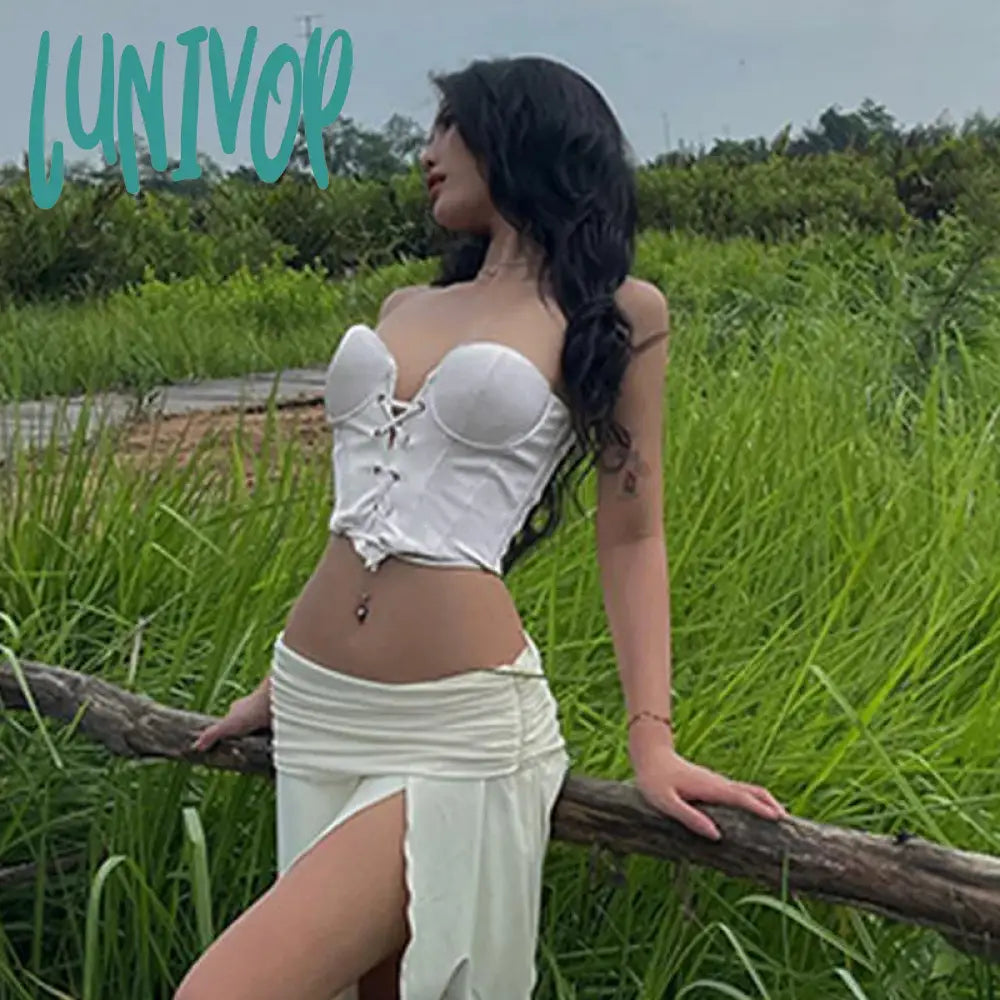 Lunivop Elegant Gentle Fairycon Women 2 Piece Set Sexy Cross Bandage Tube Tank Top With Ruched