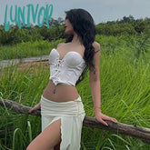 Lunivop Elegant Gentle Fairycon Women 2 Piece Set Sexy Cross Bandage Tube Tank Top With Ruched