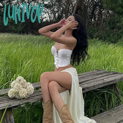 Lunivop Elegant Gentle Fairycon Women 2 Piece Set Sexy Cross Bandage Tube Tank Top With Ruched