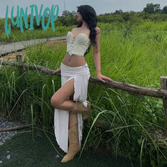 Lunivop Elegant Gentle Fairycon Women 2 Piece Set Sexy Cross Bandage Tube Tank Top With Ruched