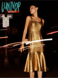 Lunivop Elegant Gold Square Neck Spaghetti Long Dress Women Sexy Sleeveless Fishtail Dresses New