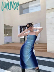 Lunivop Elegant Gradient Blue Patchwork Strap Dress Spring New Ruched Backless A-Line Vestidos Sexy