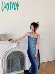 Lunivop Elegant Gradient Blue Patchwork Strap Dress Spring New Ruched Backless A-Line Vestidos Sexy