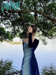 Lunivop Elegant Gradient Blue Patchwork Strap Dress Spring New Ruched Backless A-Line Vestidos Sexy