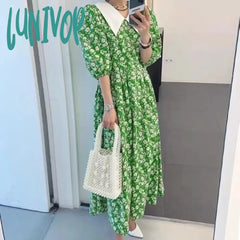 Lunivop Elegant Green Floral Dresses Women Summer Puff Sleeve Print Vintage Dress High Waist Loose