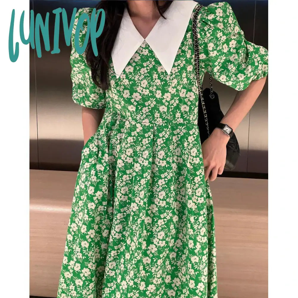 Lunivop Elegant Green Floral Dresses Women Summer Puff Sleeve Print Vintage Dress High Waist Loose