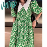 Lunivop Elegant Green Floral Dresses Women Summer Puff Sleeve Print Vintage Dress High Waist Loose