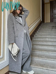 Lunivop Elegant Grey Women’s Long Blends Woolen Coat Chic Loose Lapel Double Breasted Oversized
