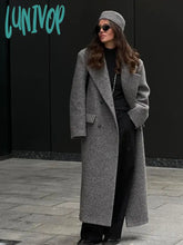Lunivop Elegant Grey Women’s Long Blends Woolen Coat Chic Loose Lapel Double Breasted Oversized